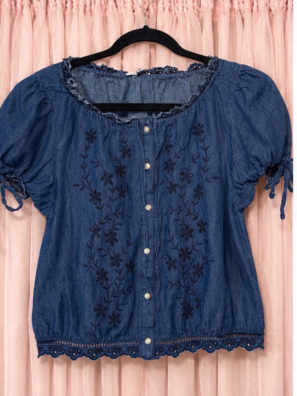 Embroidered Denim-Blue Puff Sleeve Button Front Blouse
